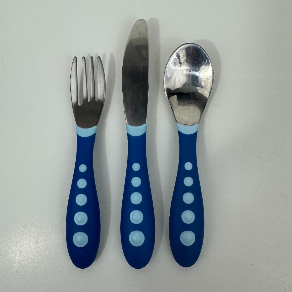 Gerber 3pc Toddler Flatware Set Stainless Steel Utensils Blue Fork Knife Spoon